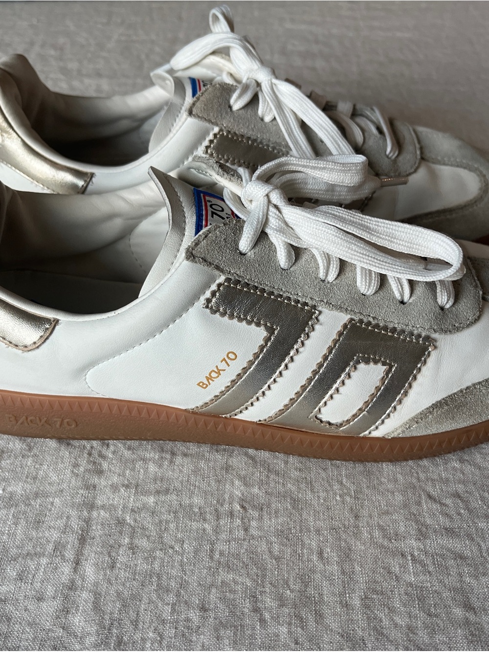 BACK-70 Women's White Leather Sneakers with Metallic Gold Accents Sz 39
